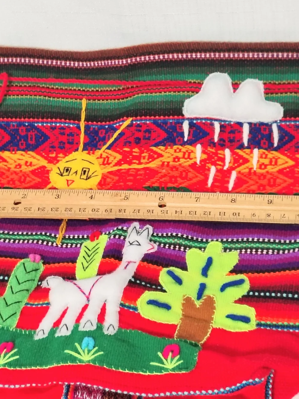 Peruvian Child's Backpack Woven Red Wool With Embroidery Colorful Alpaca & Sun